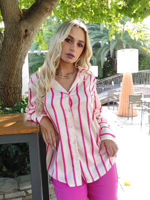 Πουκαμίσο Ριγέ Μπεζ - Φούξια