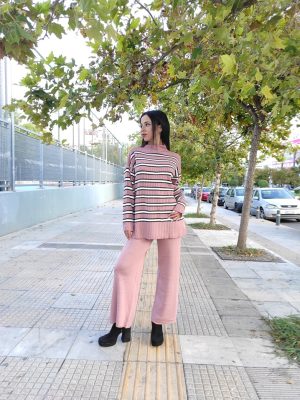 Σετ φόρμα πλεκτή ελαστική ροζ ριγέ