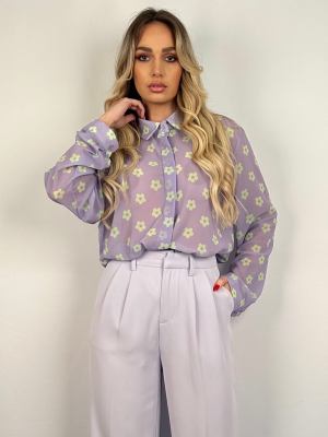 Πουκάμισο Μωβ με Σχέδιο Λουλουδάκια